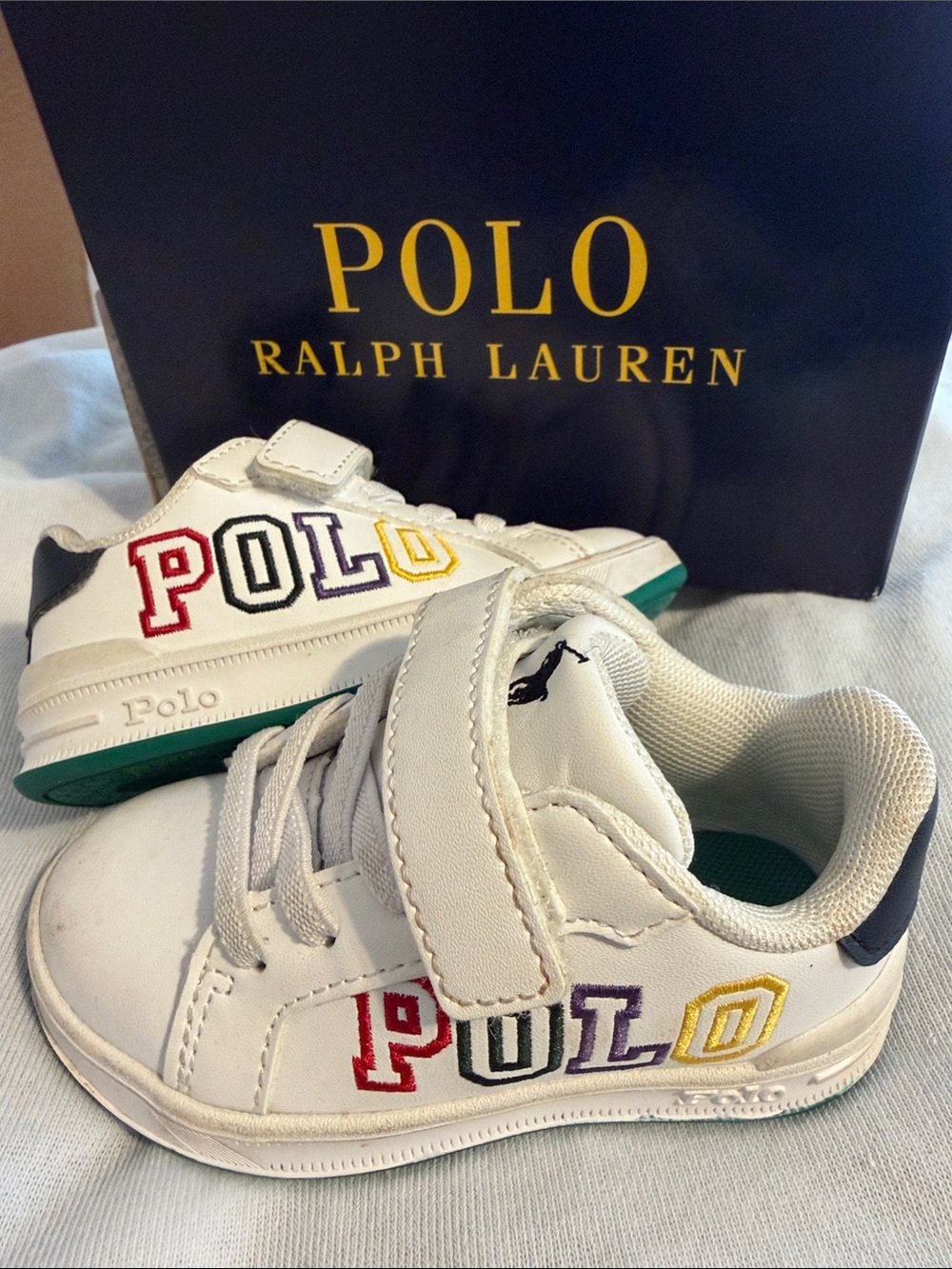 Polo by Ralph Lauren White Kids Sneakers with Navy Logo